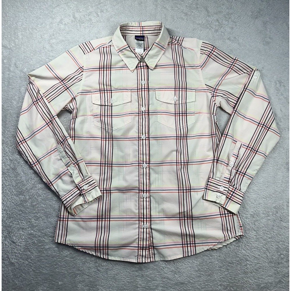 Patagonia Button Down Shirt Womens 6 Cream Plaid Long Sleeve Hiking Outdoors Top